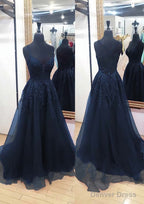 A Line V Neck Sleeveless Chapel Train Tulle Prom Dresses With Appliqued Lace