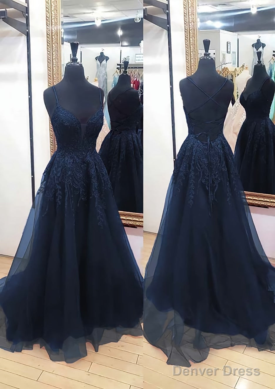 A Line V Neck Sleeveless Chapel Train Tulle Prom Dresses With Appliqued Lace