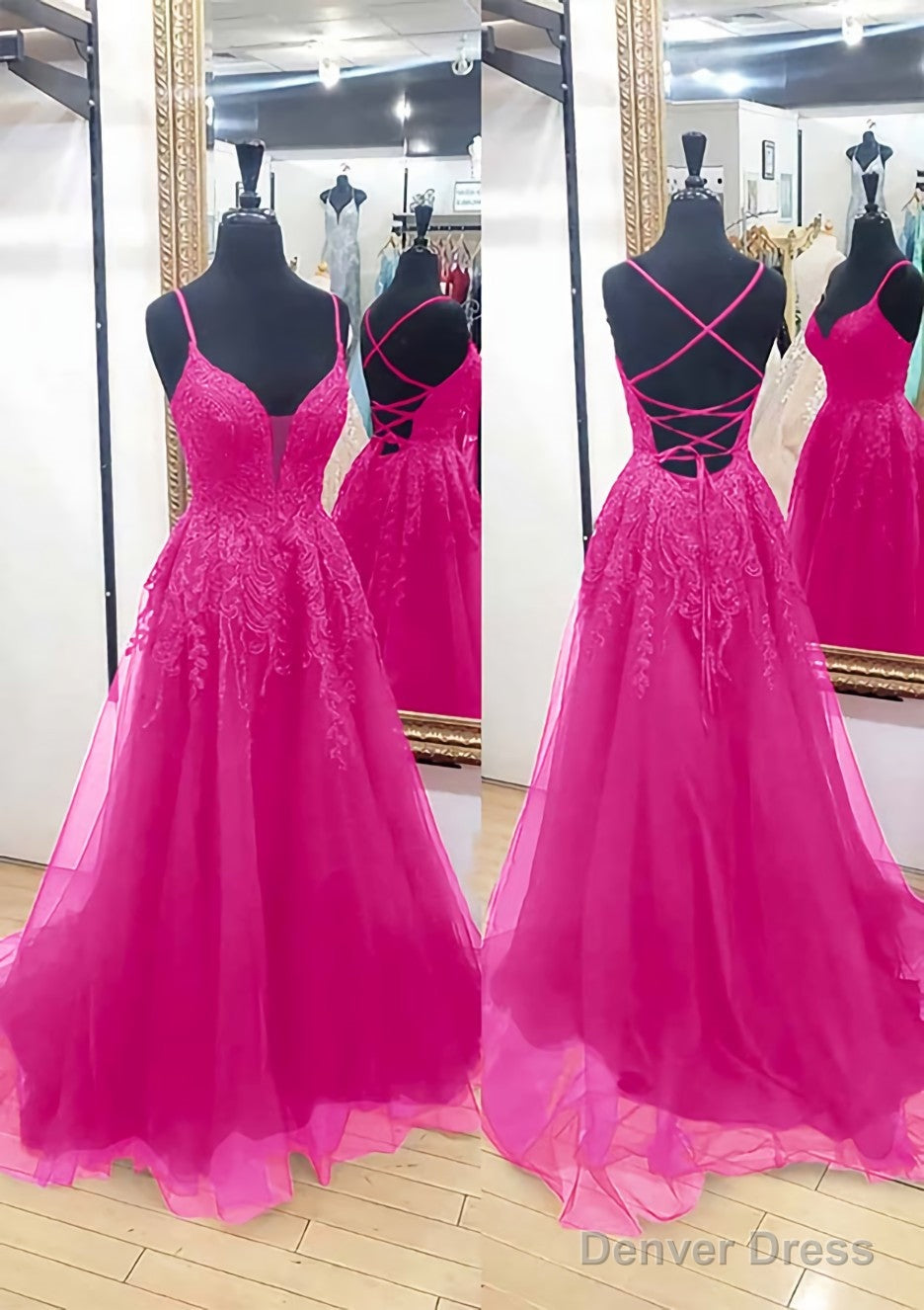 A Line V Neck Sleeveless Chapel Train Tulle Prom Dresses With Appliqued Lace