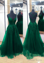 A Line V Neck Sleeveless Chapel Train Tulle Prom Dresses With Appliqued Lace
