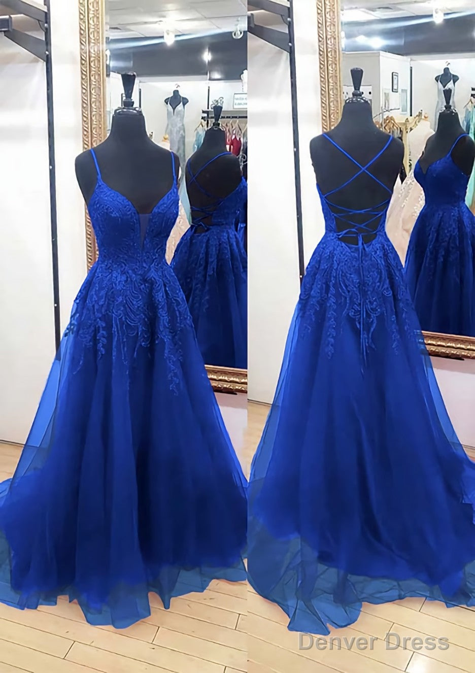 A Line V Neck Sleeveless Chapel Train Tulle Prom Dresses With Appliqued Lace