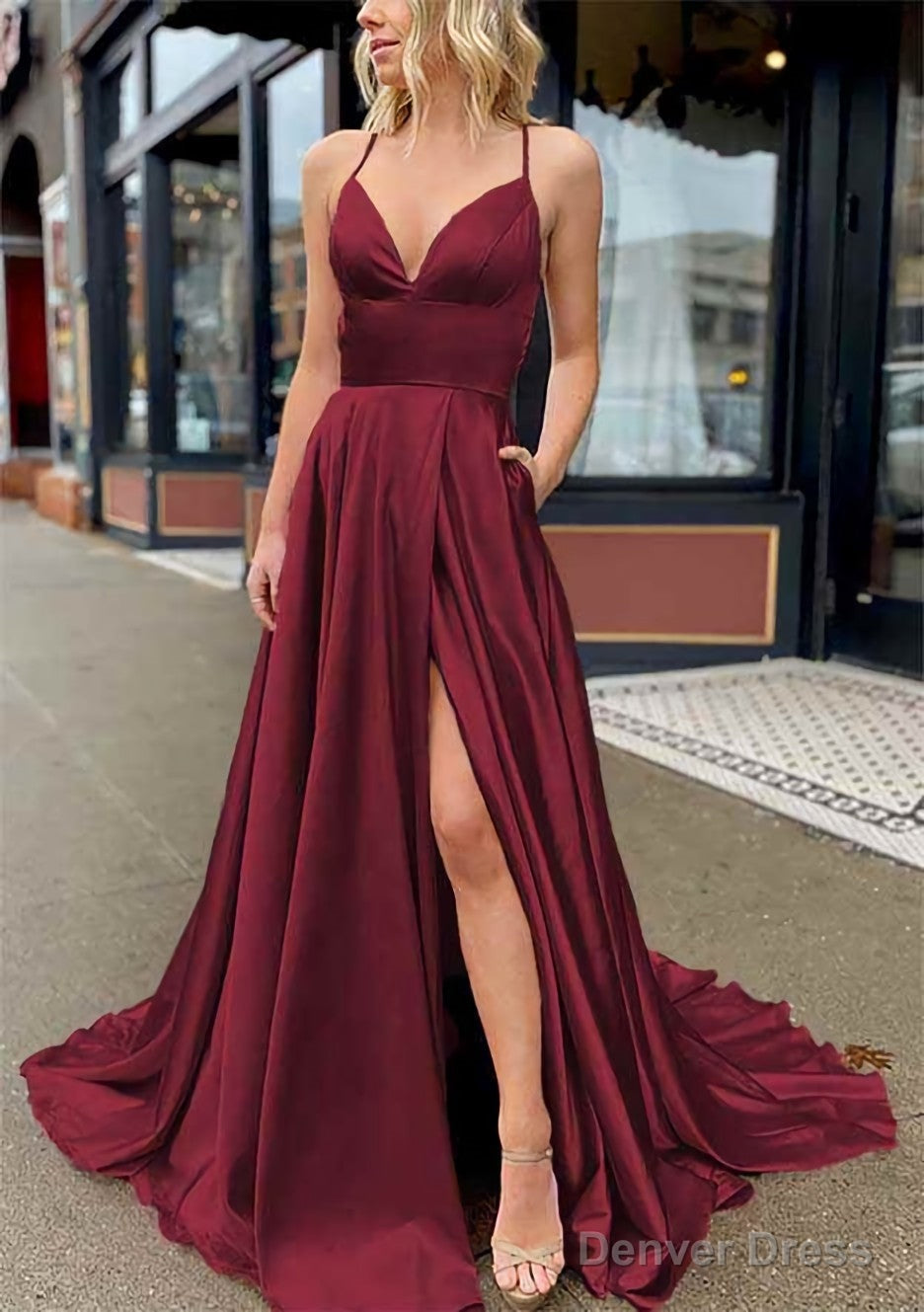 A Line V Neck Sleeveless Charmeuse Sweep Train Prom Dresses With Pockets