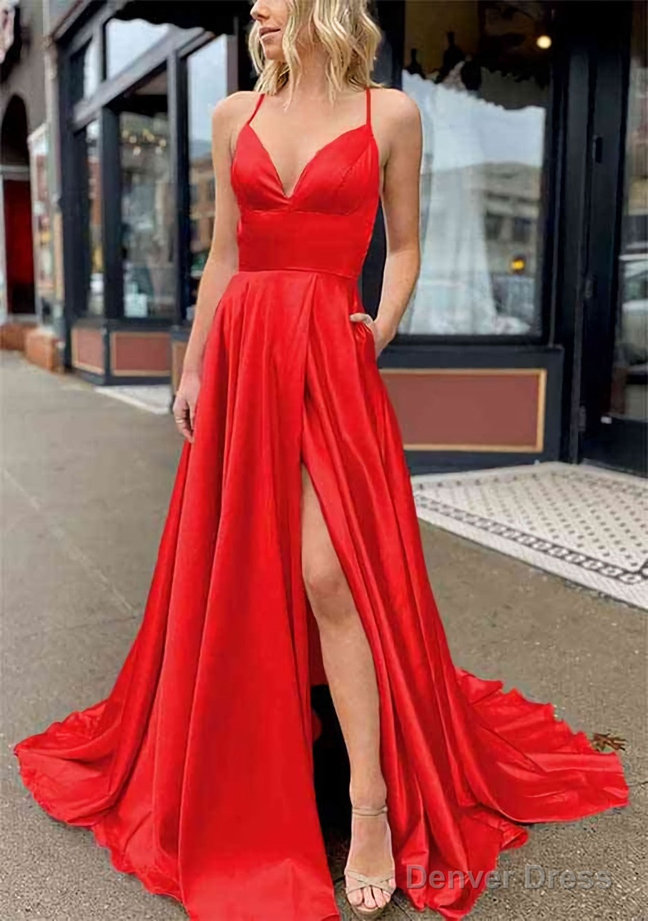 A Line V Neck Sleeveless Charmeuse Sweep Train Prom Dresses With Pockets