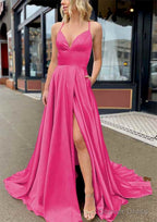 A Line V Neck Sleeveless Charmeuse Sweep Train Prom Dresses With Pockets