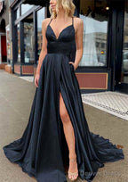A Line V Neck Sleeveless Charmeuse Sweep Train Prom Dresses With Pockets