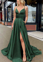 A Line V Neck Sleeveless Charmeuse Sweep Train Prom Dresses With Pockets