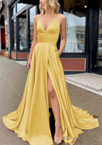 A Line V Neck Sleeveless Charmeuse Sweep Train Prom Dresses With Pockets