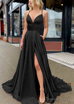 A Line V Neck Sleeveless Charmeuse Sweep Train Prom Dresses With Pockets
