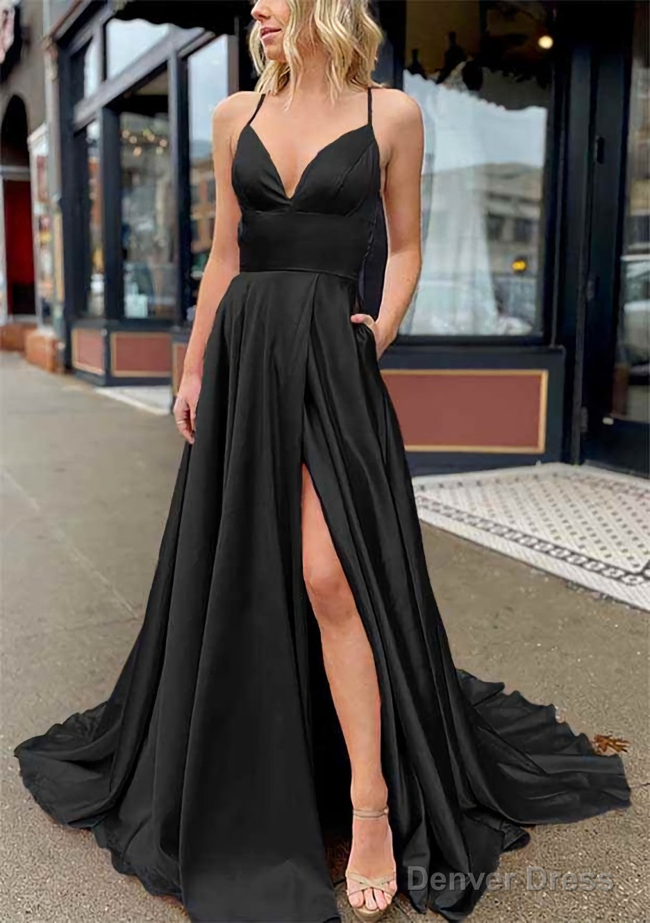 A Line V Neck Sleeveless Charmeuse Sweep Train Prom Dresses With Pockets