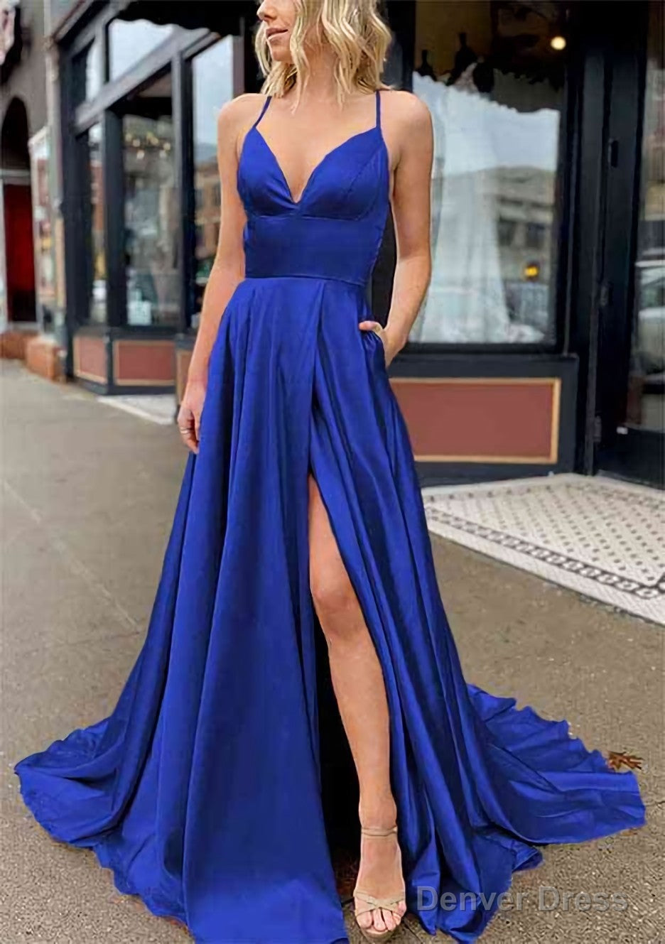 A Line V Neck Sleeveless Charmeuse Sweep Train Prom Dresses With Pockets