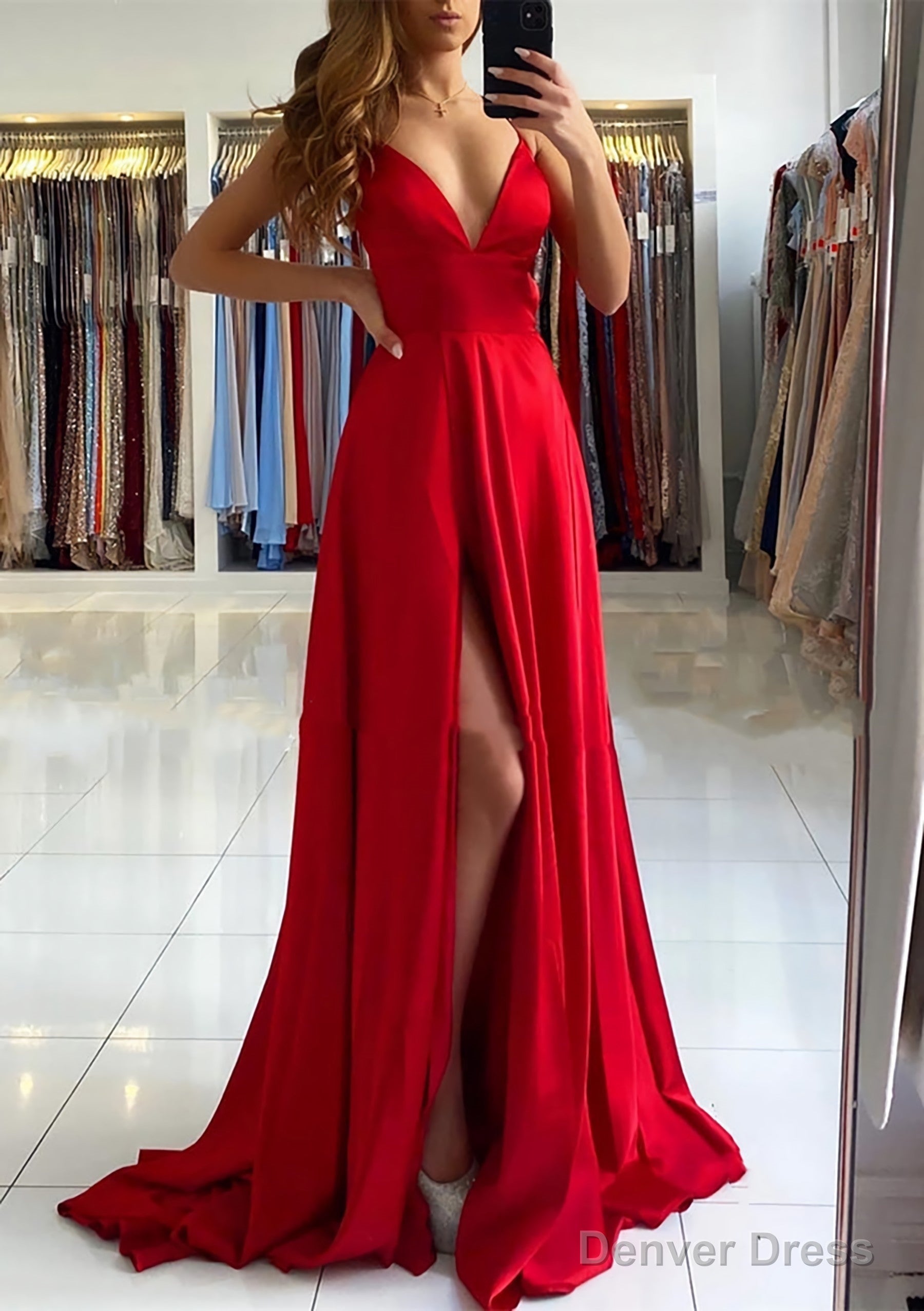 A Line V Neck Sleeveless Charmeuse Sweep Train Prom Dresses With Split