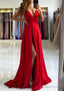 A Line V Neck Sleeveless Charmeuse Sweep Train Prom Dresses With Split