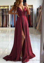 A Line V Neck Sleeveless Charmeuse Sweep Train Prom Dresses With Split