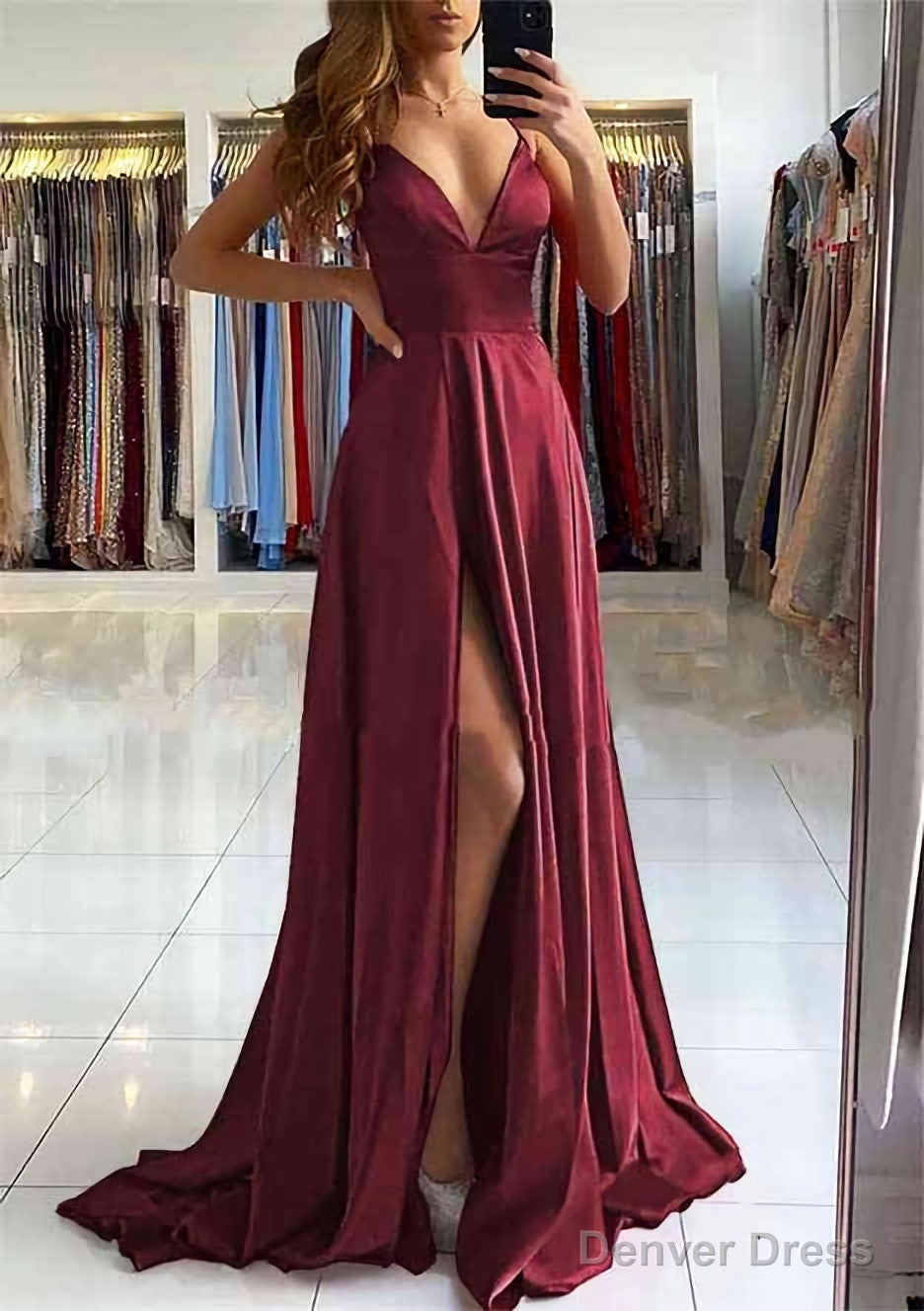 A Line V Neck Sleeveless Charmeuse Sweep Train Prom Dresses With Split
