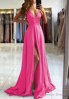 A Line V Neck Sleeveless Charmeuse Sweep Train Prom Dresses With Split