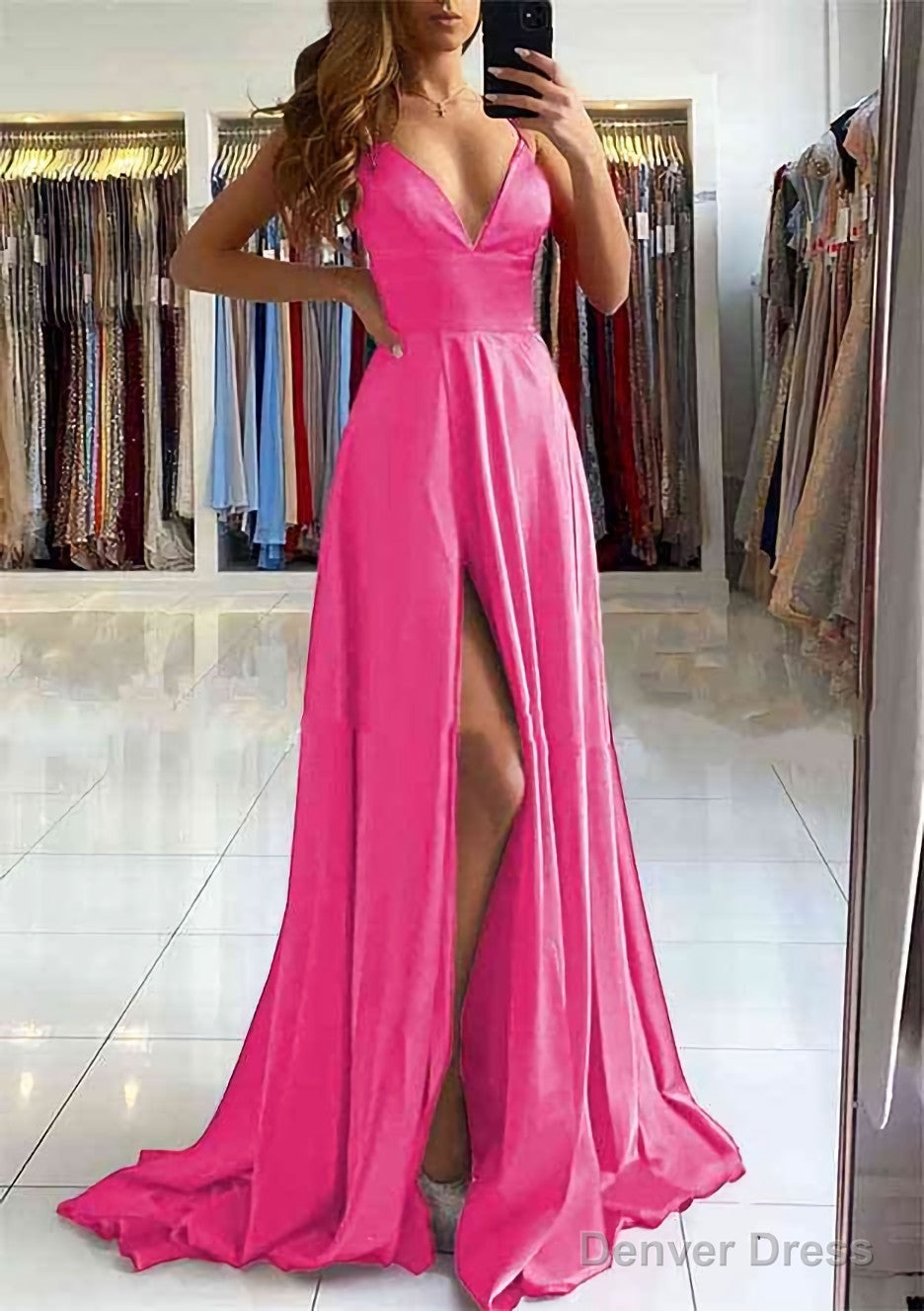 A Line V Neck Sleeveless Charmeuse Sweep Train Prom Dresses With Split