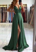 A Line V Neck Sleeveless Charmeuse Sweep Train Prom Dresses With Split