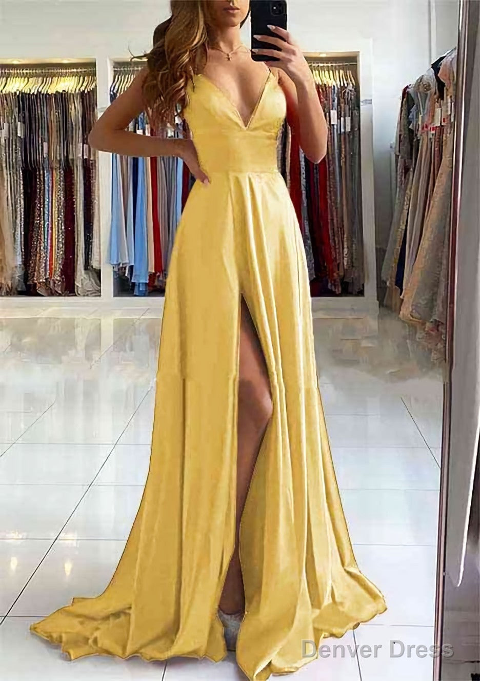 A Line V Neck Sleeveless Charmeuse Sweep Train Prom Dresses With Split