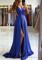A Line V Neck Sleeveless Charmeuse Sweep Train Prom Dresses With Split