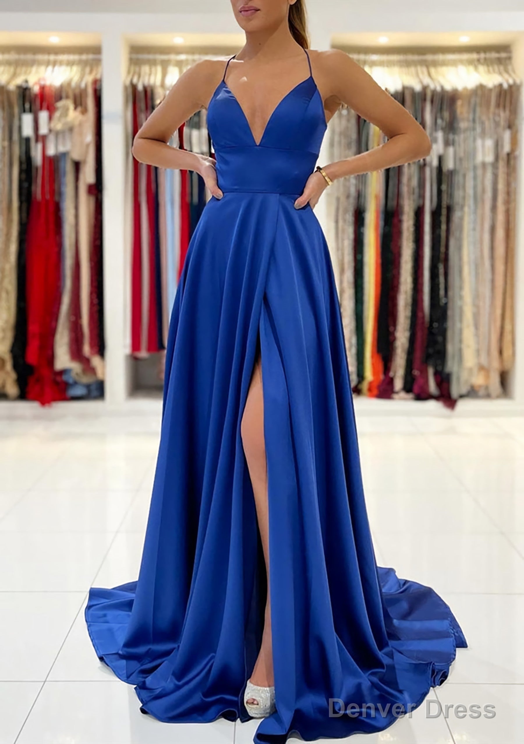 A-line V Neck Sleeveless Charmeuse Sweep Train Prom Dresses With Split Main image