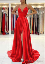 A Line V Neck Sleeveless Charmeuse Sweep Train Prom Dresses With Split
