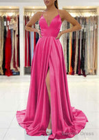 A Line V Neck Sleeveless Charmeuse Sweep Train Prom Dresses With Split