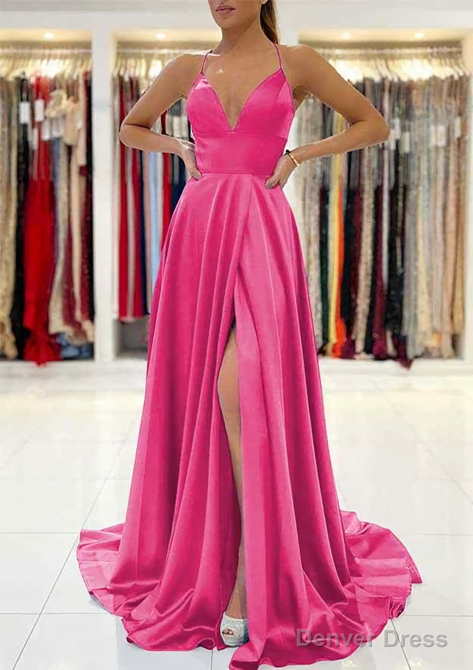 A Line V Neck Sleeveless Charmeuse Sweep Train Prom Dresses With Split