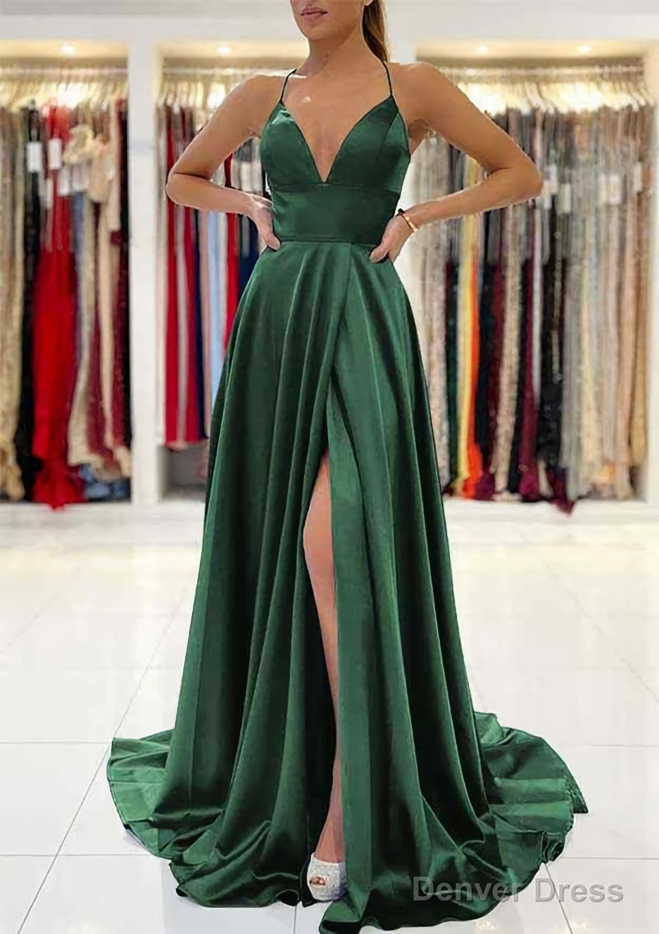A Line V Neck Sleeveless Charmeuse Sweep Train Prom Dresses With Split