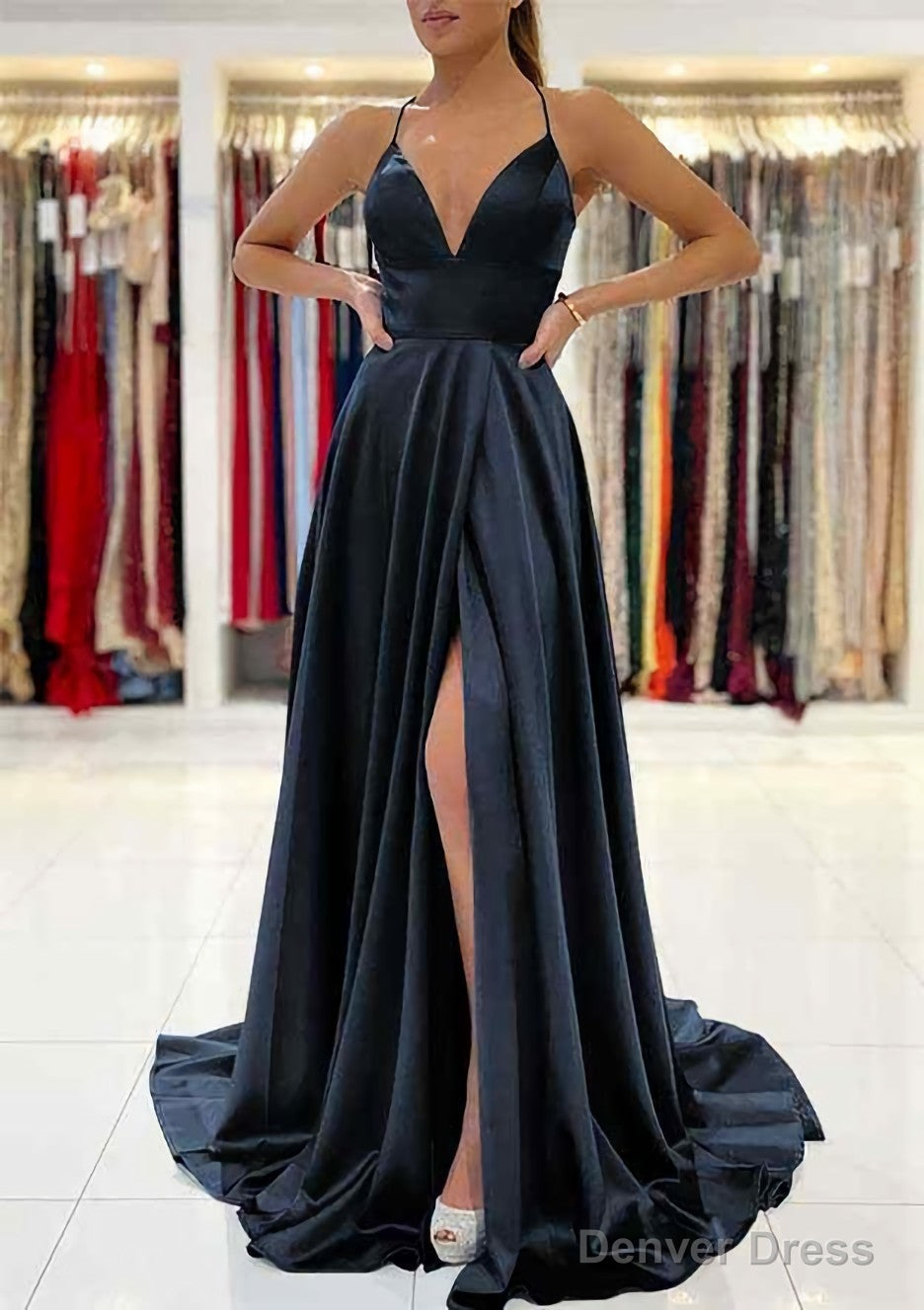 A Line V Neck Sleeveless Charmeuse Sweep Train Prom Dresses With Split Secondary image