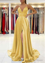 A Line V Neck Sleeveless Charmeuse Sweep Train Prom Dresses With Split