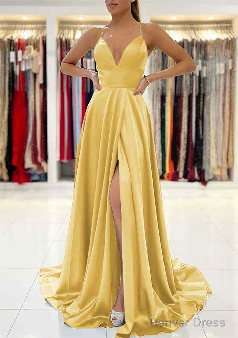 A Line V Neck Sleeveless Charmeuse Sweep Train Prom Dresses With Split