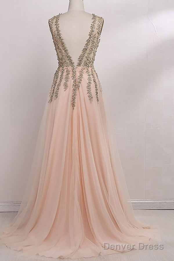 A-Line V-Neck Sleeveless Floor-Length With Beading Tulle Prom Dresses Main image