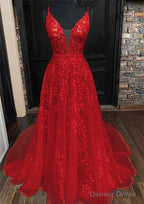 A Line V Neck Sleeveless Lace Court Train Prom Dresses With Pleated