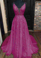 A Line V Neck Sleeveless Lace Court Train Prom Dresses With Pleated