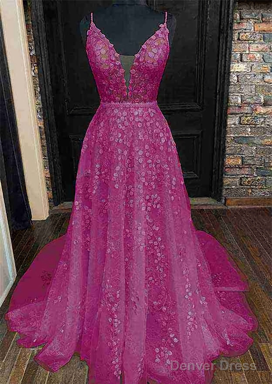 A Line V Neck Sleeveless Lace Court Train Prom Dresses With Pleated