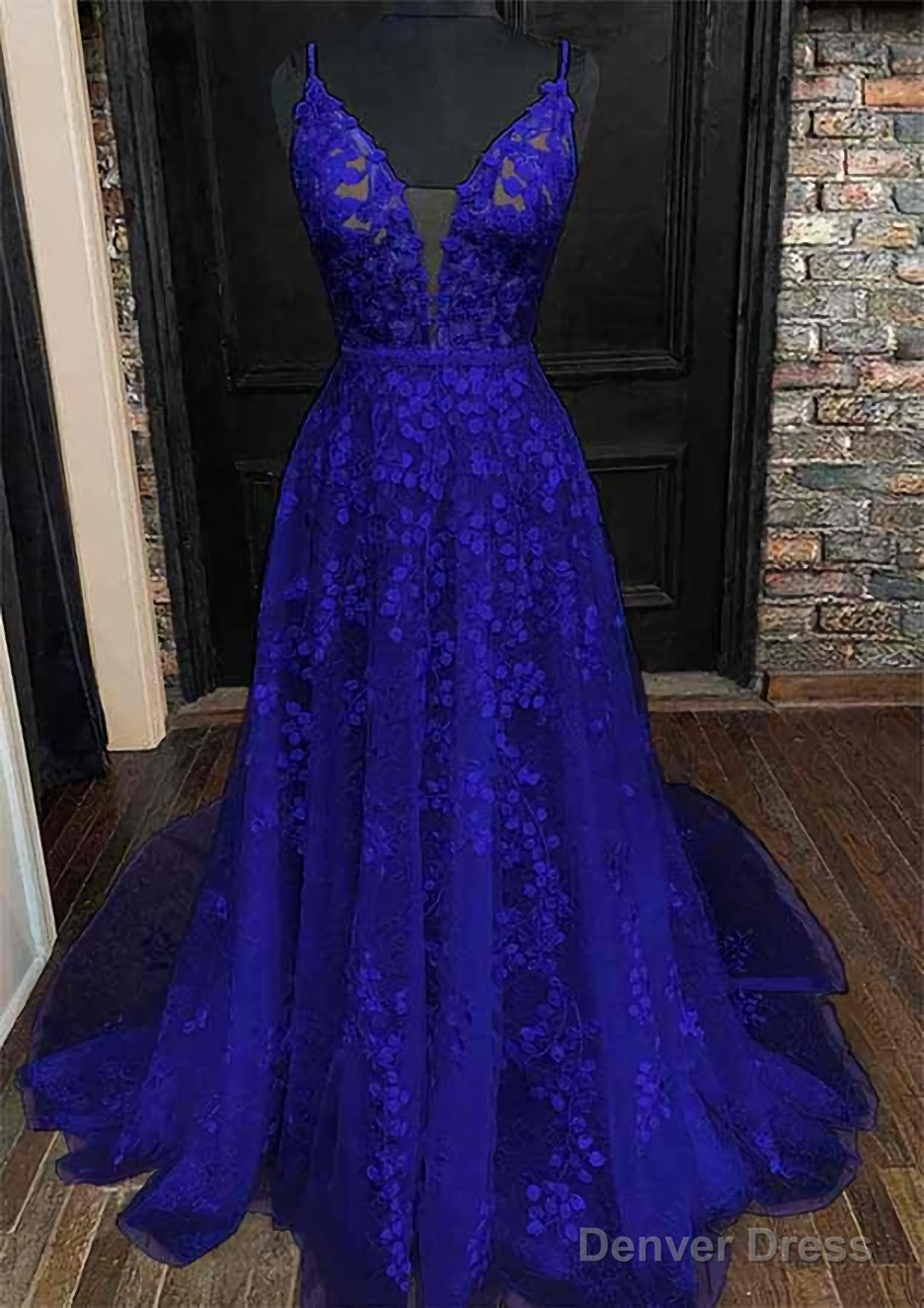 A-line V Neck Sleeveless Lace Court Train Prom Dresses With Pleated