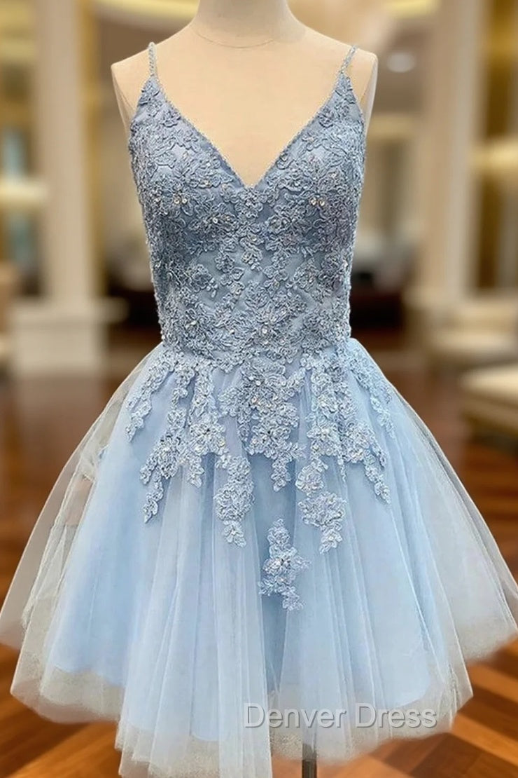 A Line V Neck Sleeveless Lace Tulle Satin Short Mini Homecoming Dresses With Appliqued Sequins Main image