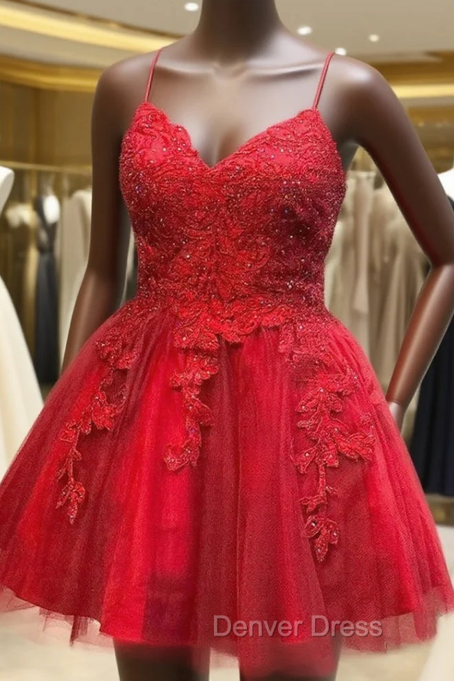 A-line V Neck Sleeveless Lace Tulle Short Mini Homecoming Dresses, Beading