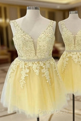 A-line V Neck Sleeveless Lace Tulle Short/Mini Homecoming Dresses With Beading Bandage