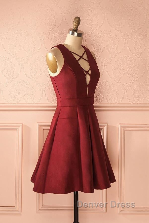 A Line V Neck Sleeveless Lace Up Short Burgundy Satin Homecoming Dresses