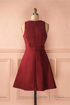 A Line V Neck Sleeveless Lace Up Short Burgundy Satin Homecoming Dresses