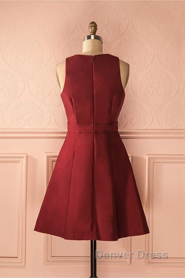 A Line V Neck Sleeveless Lace Up Short Burgundy Satin Homecoming Dresses