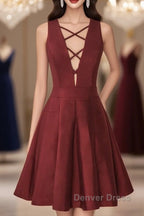 A Line V Neck Sleeveless Lace Up Short Burgundy Satin Homecoming Dresses