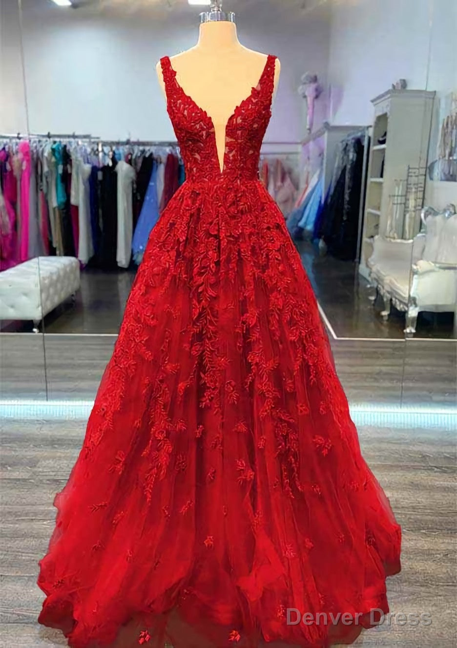 A-line V Neck Sleeveless Long/Floor-Length Lace Prom Dresses With Beading