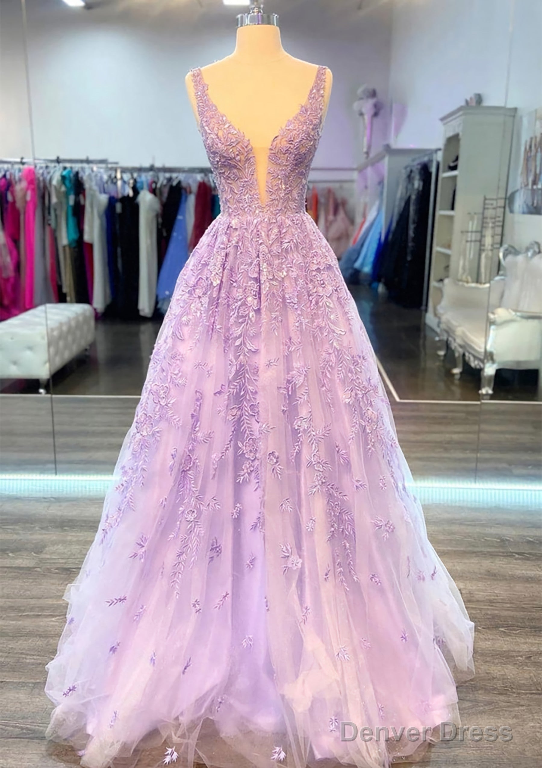 A Line V Neck Sleeveless Long Floor Length Lace Prom Dresses With Beading Main image