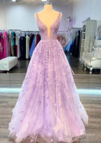 A Line V Neck Sleeveless Long Floor Length Lace Prom Dresses With Beading