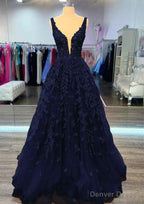 A-line V Neck Sleeveless Long/Floor-Length Lace Prom Dresses With Beading