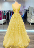 A Line V Neck Sleeveless Long Floor Length Lace Prom Dresses With Beading