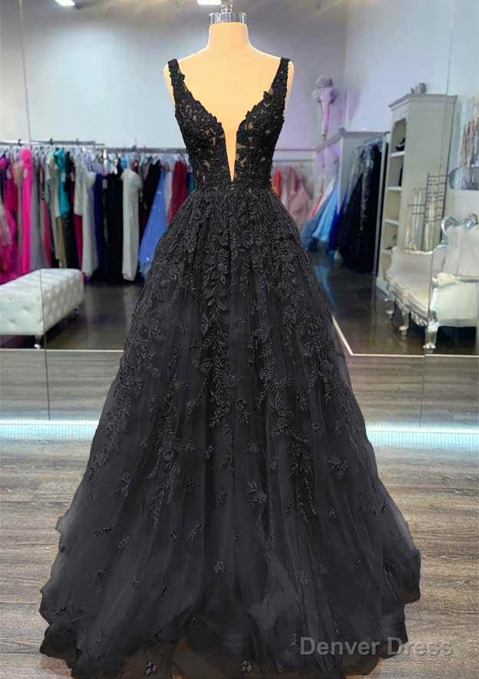 A Line V Neck Sleeveless Long Floor Length Lace Prom Dresses With Beading