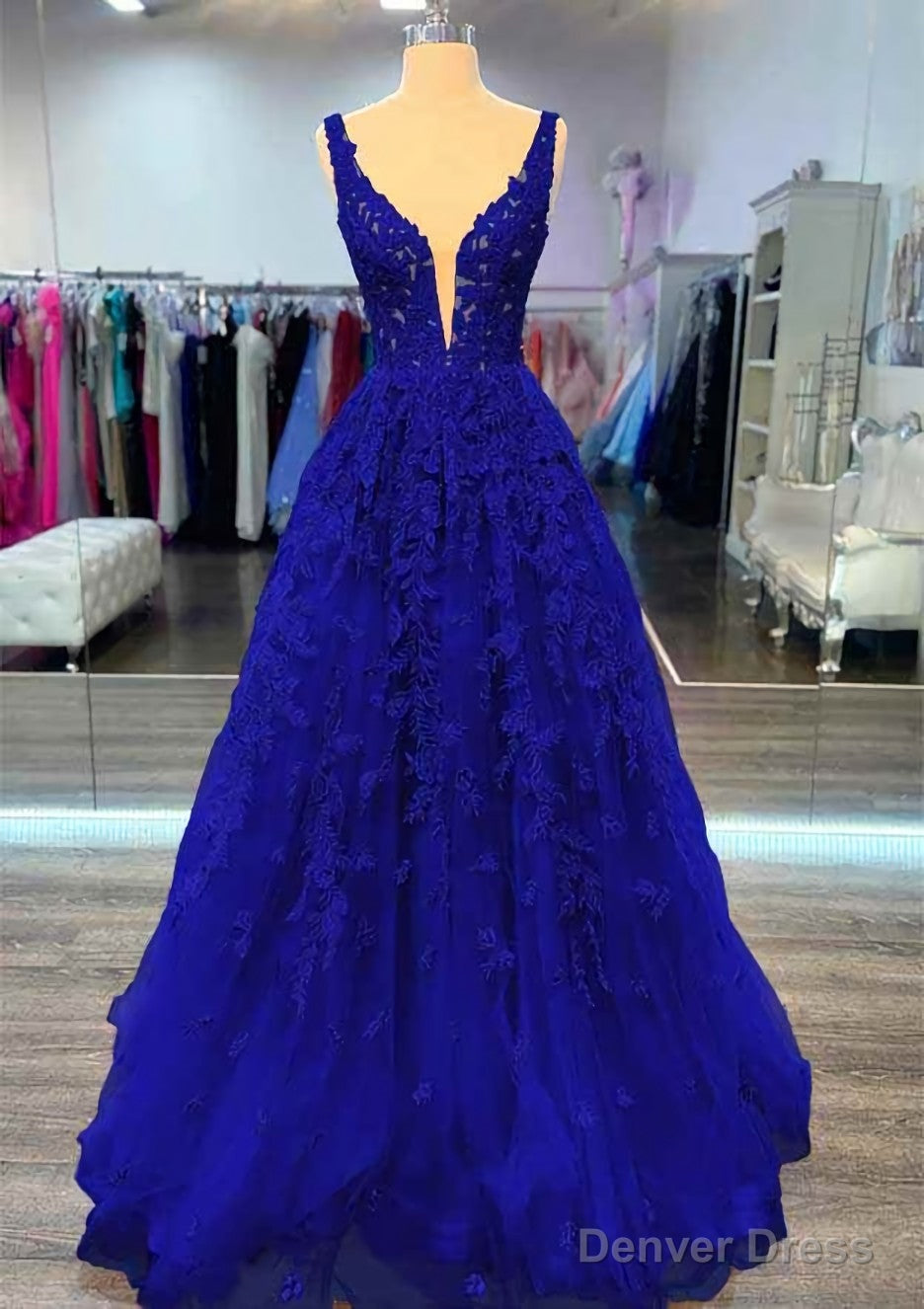 A Line V Neck Sleeveless Long Floor Length Lace Prom Dresses With Beading